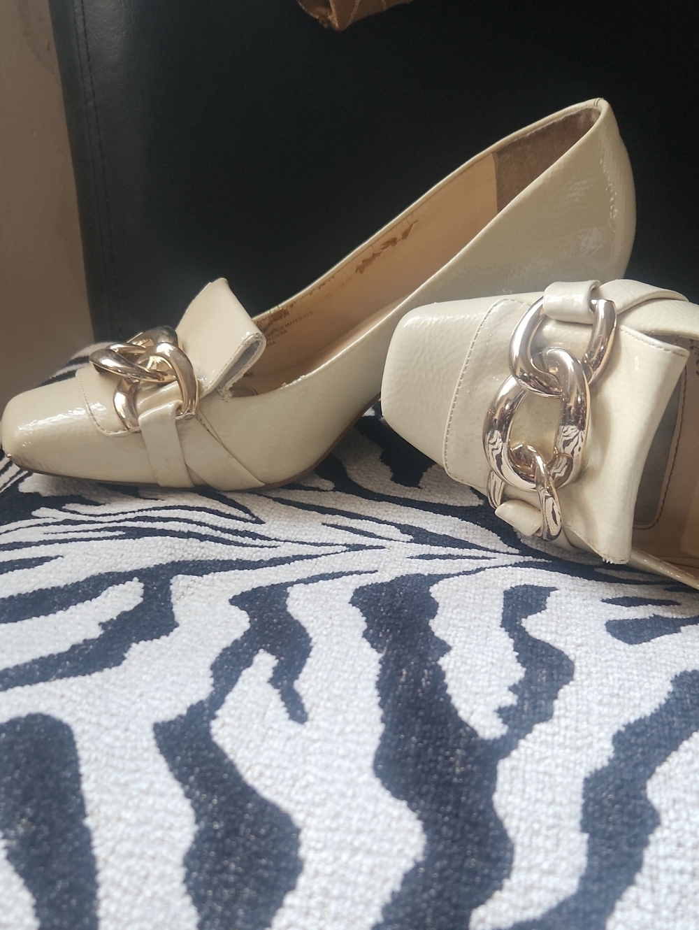 Alex Marie Ivory Patent Loafers with Gold Chain